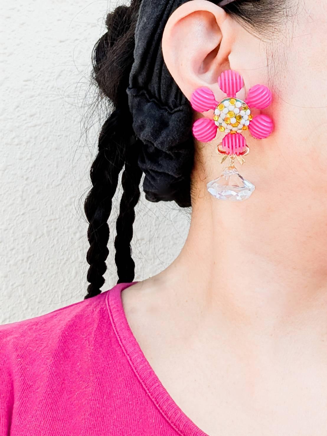ピンク＆グリーンのクリスタルジュエルブロッサム　ピアス　イヤリング　　花　フラワー　宝石 | 4枚目