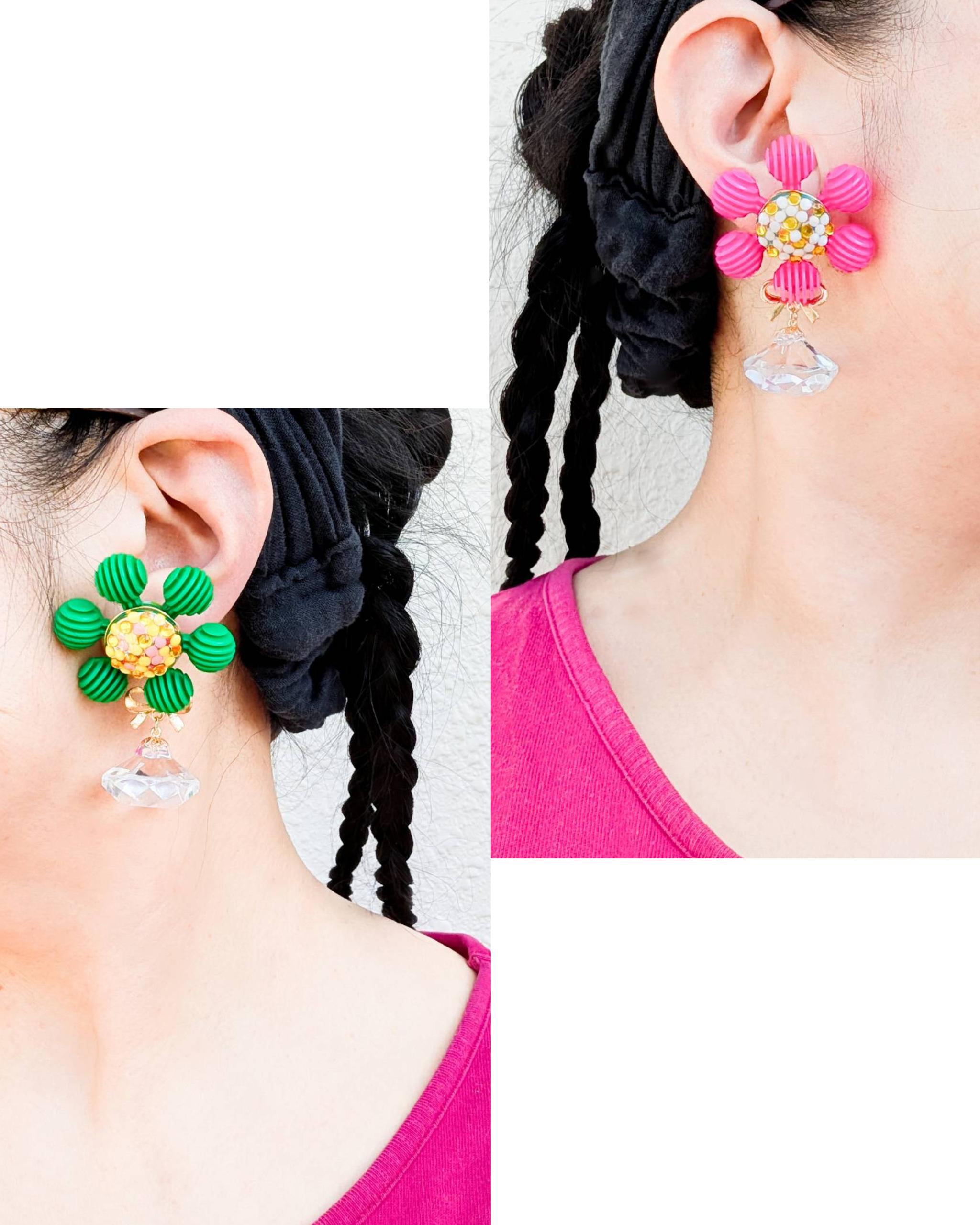 ピンク＆グリーンのクリスタルジュエルブロッサム　ピアス　イヤリング　　花　フラワー　宝石 | 2枚目