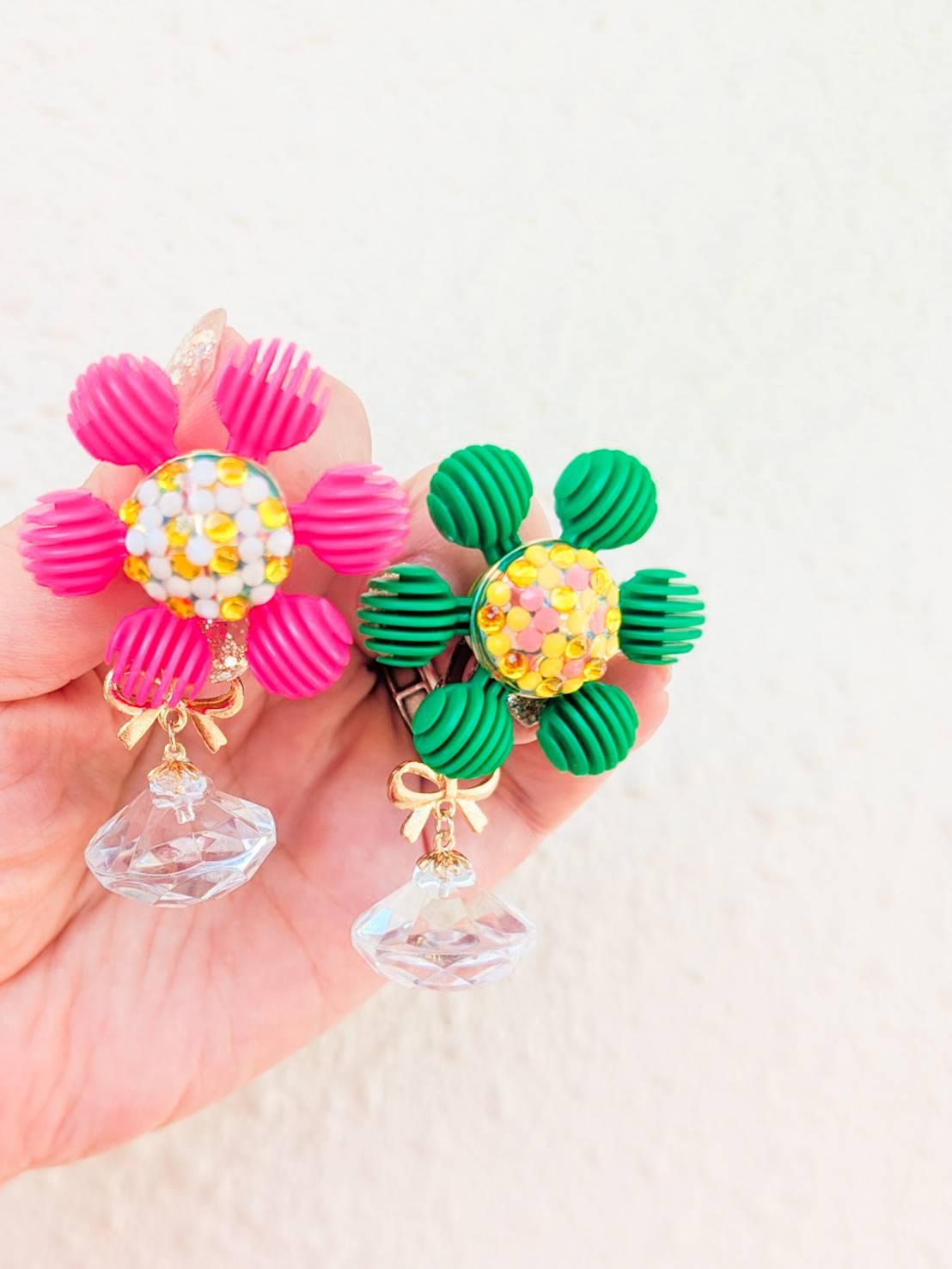 ピンク＆グリーンのクリスタルジュエルブロッサム　ピアス　イヤリング　　花　フラワー　宝石 | 11枚目