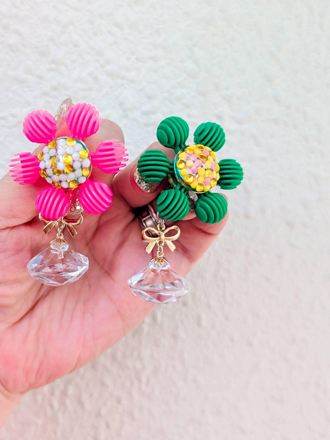 ピンク＆グリーンのクリスタルジュエルブロッサム　ピアス　イヤリング　　花　フラワー　宝石 | 12枚目