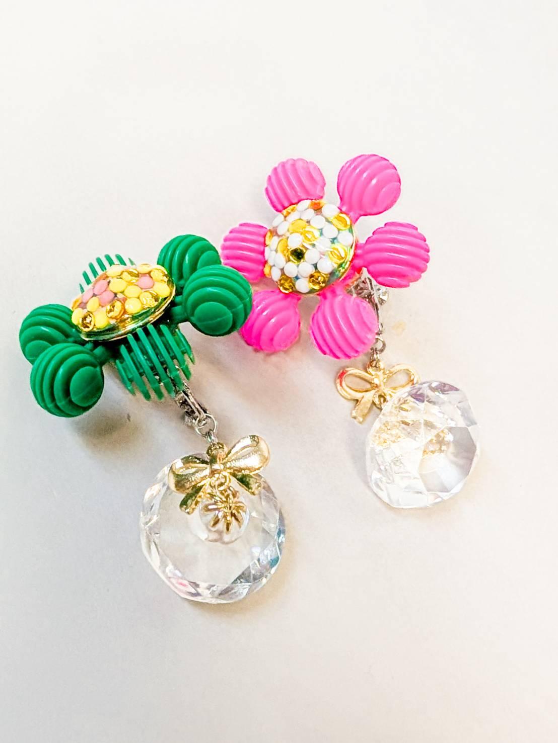ピンク＆グリーンのクリスタルジュエルブロッサム　ピアス　イヤリング　　花　フラワー　宝石 | 5枚目