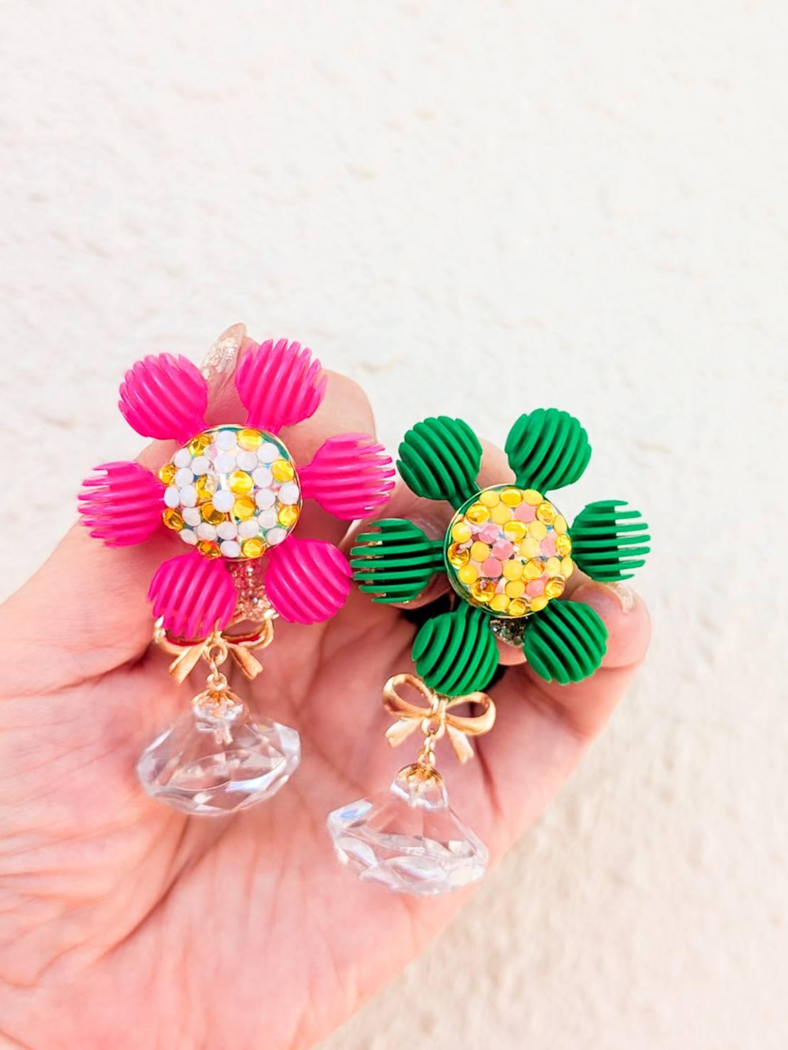 ピンク＆グリーンのクリスタルジュエルブロッサム　ピアス　イヤリング　　花　フラワー　宝石 | 6枚目