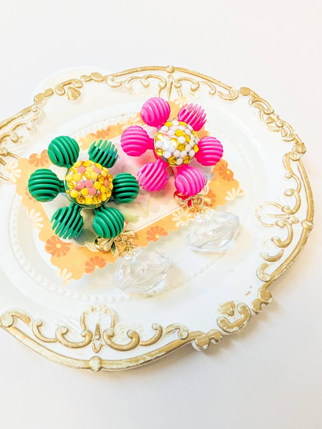 ピンク＆グリーンのクリスタルジュエルブロッサム　ピアス　イヤリング　　花　フラワー　宝石 | 7枚目