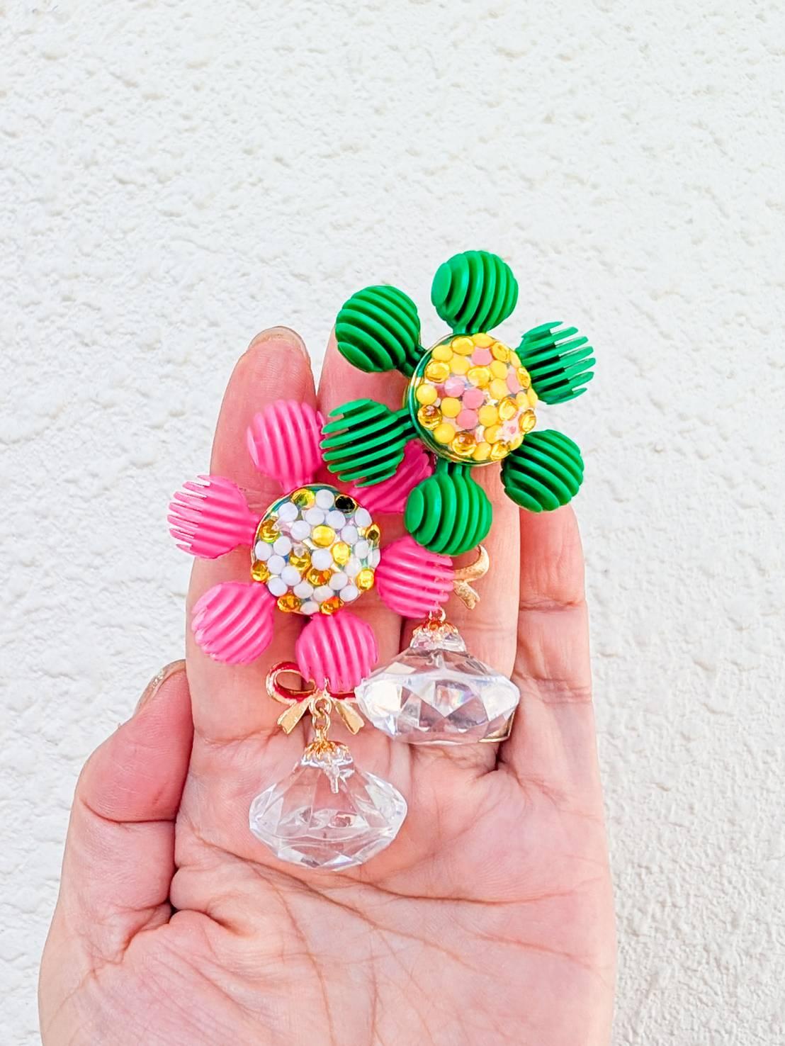 ピンク＆グリーンのクリスタルジュエルブロッサム　ピアス　イヤリング　　花　フラワー　宝石 | 8枚目