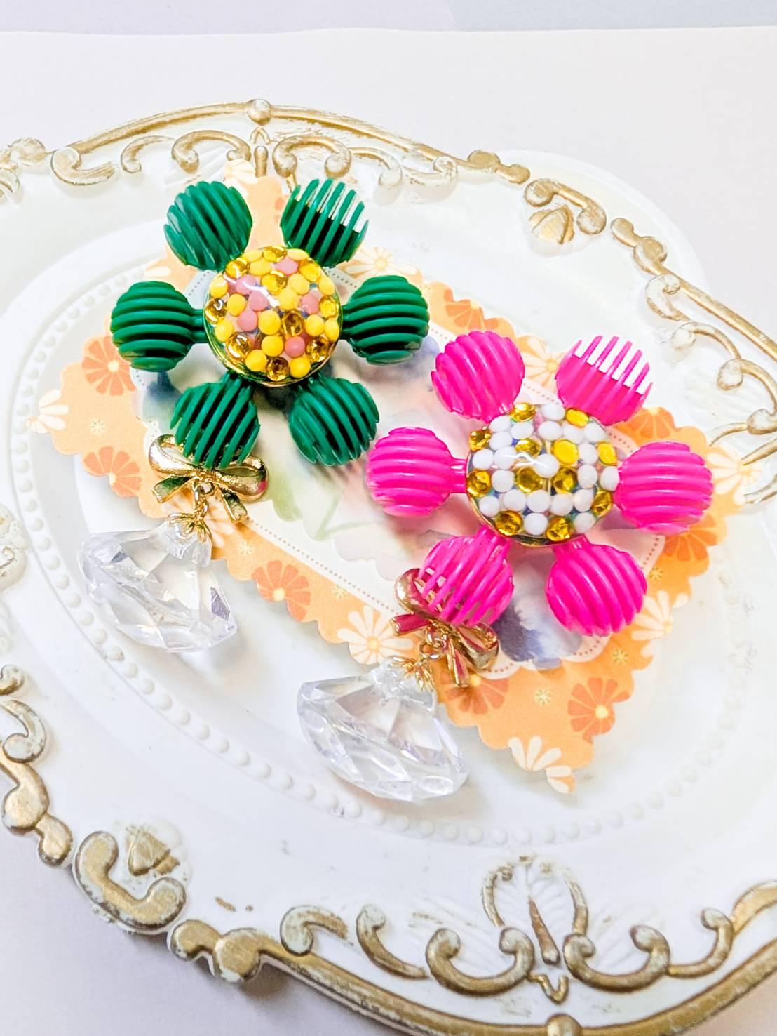ピンク＆グリーンのクリスタルジュエルブロッサム　ピアス　イヤリング　　花　フラワー　宝石 | 9枚目